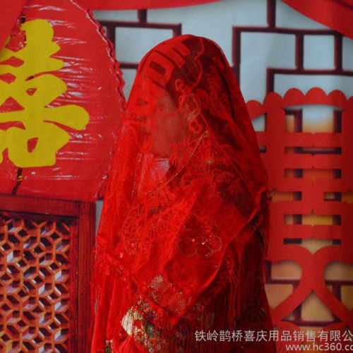 镂空新娘结婚红盖头头饰配件披肩龙凤流苏眉头红结婚用品必备图1