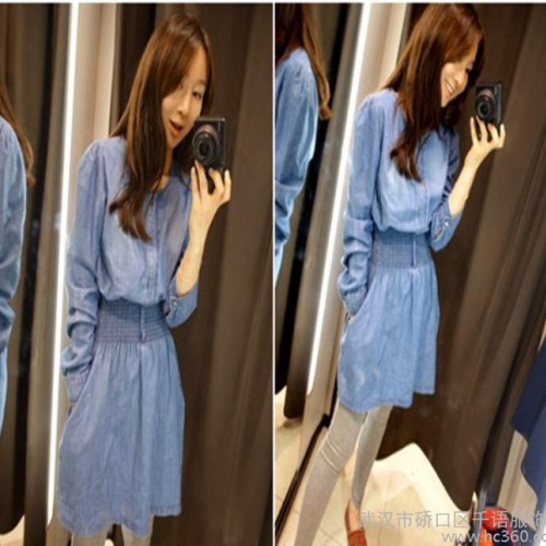 2015夏季新款女装欧美水洗修身纽扣松紧腰牛仔连衣裙图1
