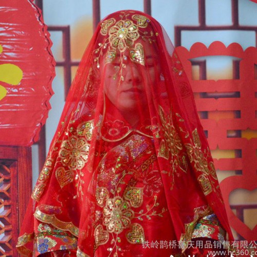 鹊桥婚庆婚礼结婚用品新娘大红亮片盖头新娘头饰好质量超低价图3