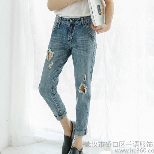 2015热卖新款夏破洞牛仔裤女显瘦BF风宽松九分裤时尚百搭小图1