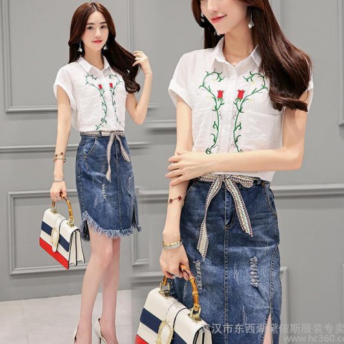 连衣裙夏 中长款2016新品女装短袖蕾丝衫套装裙修身半身牛仔图1