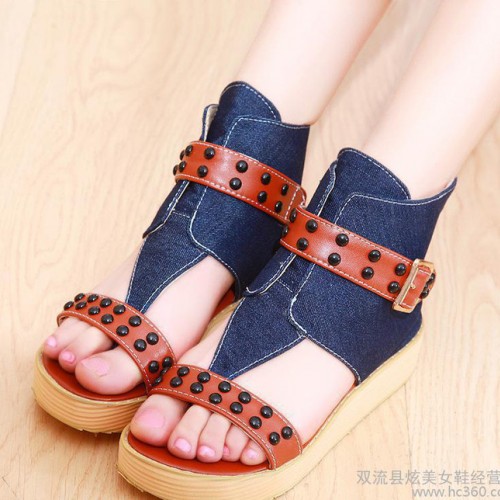2014夏季松糕厚底坡跟女夹趾皮带扣平底学生鞋牛仔高帮图3