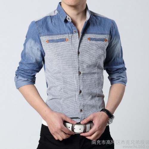 春秋装新款长袖衬衫修身外套男士韩版牛仔衬衣潮图2