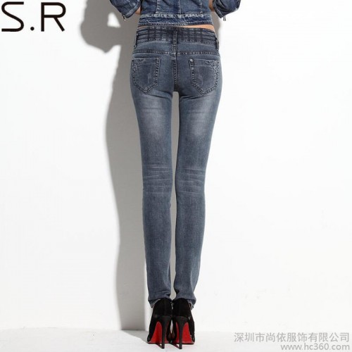 供应星旋高腰排扣牛仔裤女修身显瘦小脚裤图2