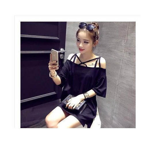 夏季欧美纯色简约露肩吊带T恤图1