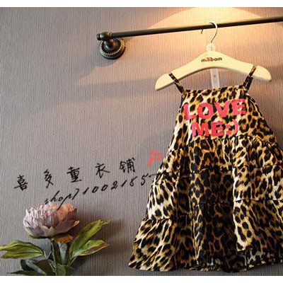 童装2015夏装新品女童字母豹纹儿童吊带裙连衣裙混批微信代发