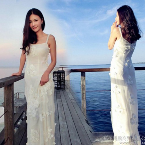 刘钰懿同款2015年夏季V领白色吊带长裙礼服裙海边
