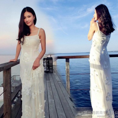刘钰懿同款2015年夏季V领白色吊带长裙礼服裙海边