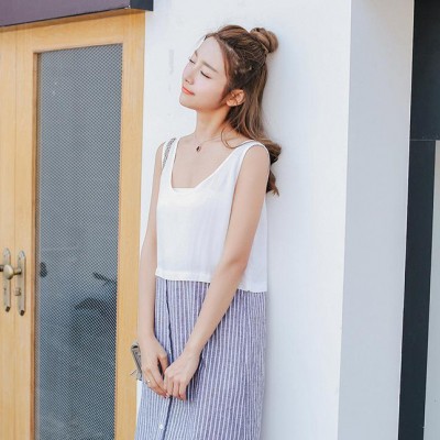 2016夏季新款韩版棉麻长款拼色设计背心裙无袖吊带条纹连衣裙