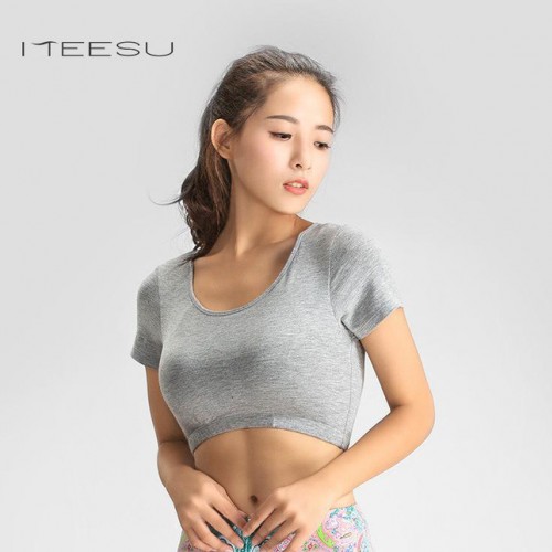 康愫雅莱卡棉大码瑜伽运动背心女夏季短袖健身小背心配胸垫B029图3