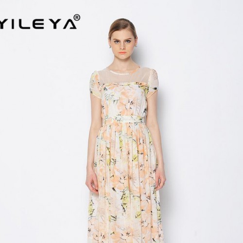 夏季高端女装2015新款露肩一字领印花吊带裙连衣裙DS15Y