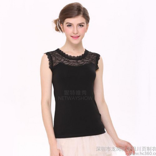 韩版女装2015夏季新品修身弹力莫代尔蕾丝齐肩背心外穿潮衫图1