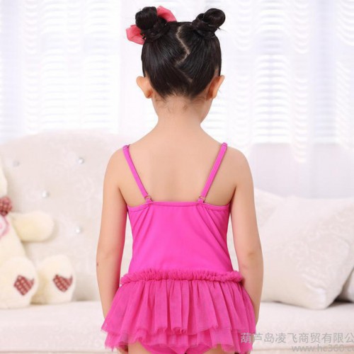 批发2015新款儿童连体裙式泳衣蕾丝荷叶边吊带美女小学生泳装图2