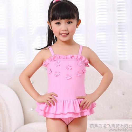 批发2015新款儿童连体裙式泳衣吊带小花女中小童学生泳装图2