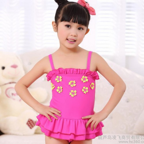 批发2015新款儿童连体裙式泳衣吊带小花女中小童学生泳装图3
