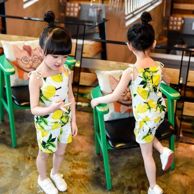 2016新款夏季女童套装 可爱清凉吊带绑带柠檬印花无袖T恤+