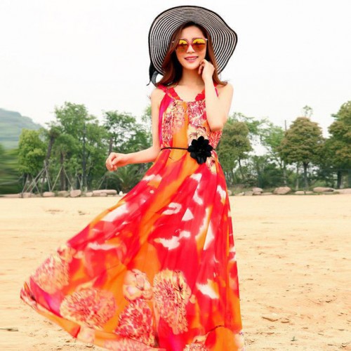 新品连衣裙 欧美时尚吊带雪纺海边沙滩裙 波西米亚长裙 女 配图3