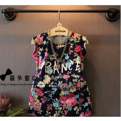 童装2015夏装新品女童复古撞色花朵字母背心儿童短裤套装微信