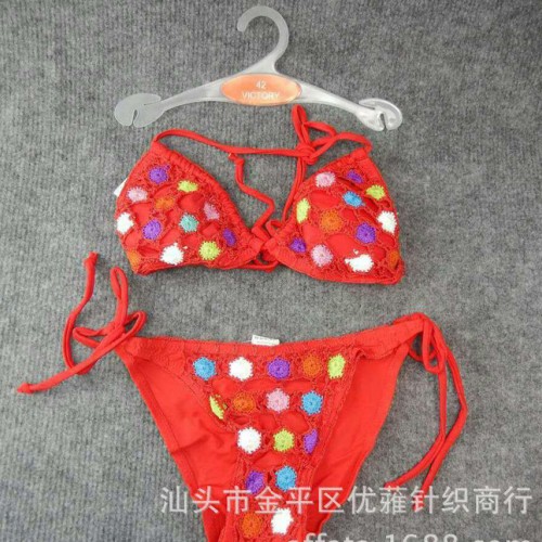 欧洲原单分体两件套原创款手工钩针编织吊带裹胸泳衣 比基尼泳装图2