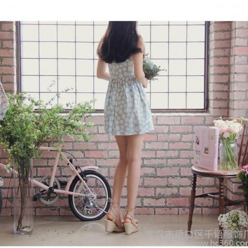 2015日系森女小清新雏菊修身印花无袖牛仔背心连衣裙 一件代图3