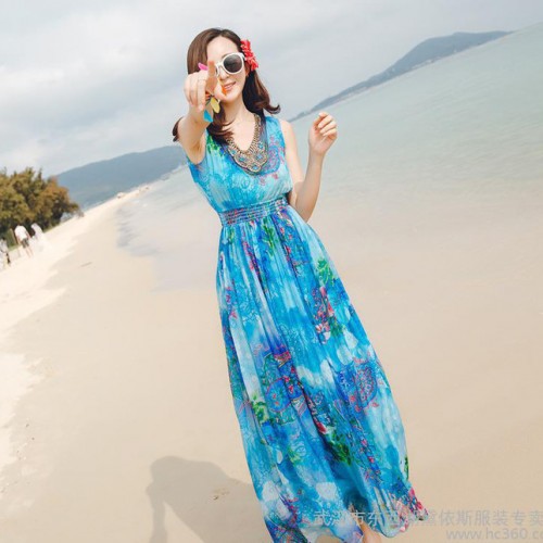 2016新款女装碎花连衣裙夏长裙修身显瘦海边度假沙滩背心雪纺图2