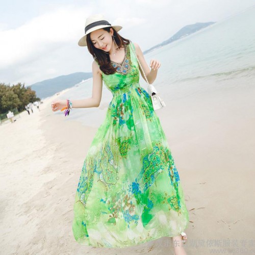 2016新款女装碎花连衣裙夏长裙修身显瘦海边度假沙滩背心雪纺图3