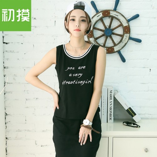 2016新款夏装女无袖吊带一步裙两件套背心裙套装连衣裙夏季中长款图1