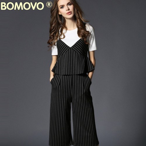 Bomovo女装套装2016夏季新品条纹吊带针织衫上衣+五分阔腿三件套图1