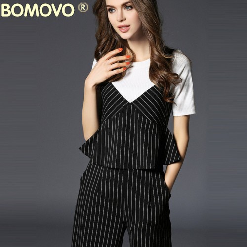Bomovo女装套装2016夏季新品条纹吊带针织衫上衣+五分阔腿三件套图2