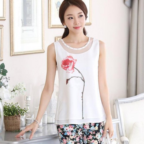 2015夏季新款 韩版 镶钻玫瑰花印花背心雪纺衫 女式T恤
