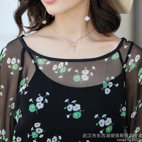 夏季碎花真丝连衣裙女两件套欧美宽松大码桑蚕丝吊带裙套装中长裙图3