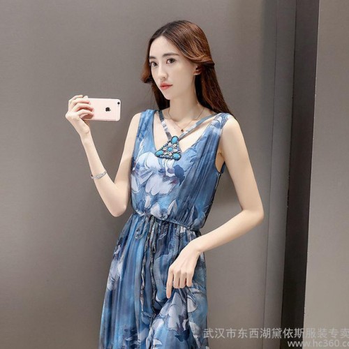 雪纺连衣裙女2016夏韩国印花海边中长款修身背心裙大码显瘦长图3