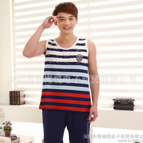 2015夏季新款男士纯棉薄款背心短裤条纹家居服套装1件起批图2