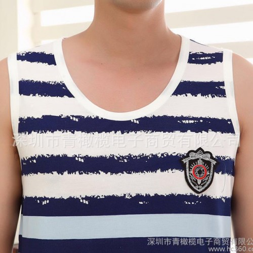 2015夏季新款男士纯棉薄款背心短裤条纹家居服套装1件起批图3