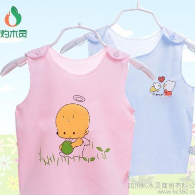 婴儿服装纯棉针织背心肩扣 夏季宝宝半背上衣 卡通印花儿童打底