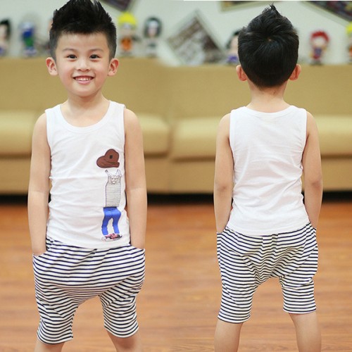 童装2015夏季新款套装男孩子条纹运动服韩版纯棉背心套装图2
