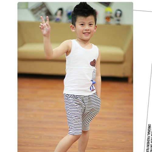 童装2015夏季新款套装男孩子条纹运动服韩版纯棉背心套装图3