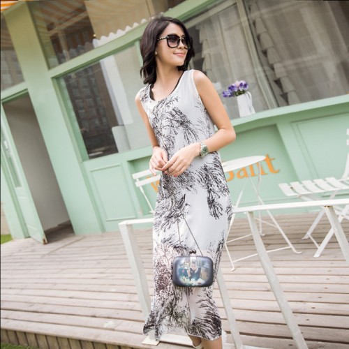 2015夏季新款两件无袖连衣裙印花女装背心裙复古文艺修身长裙图1