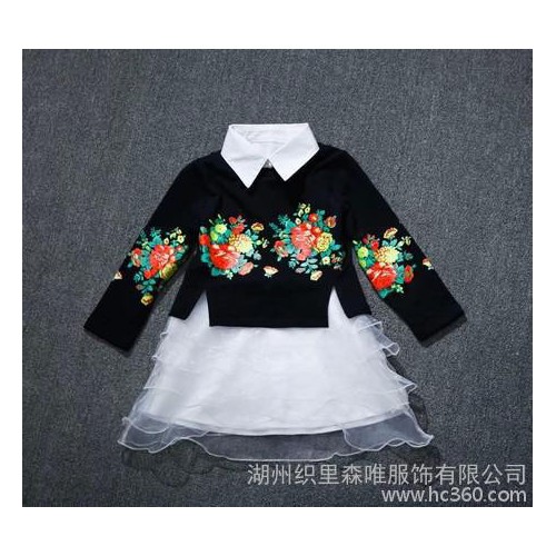 中大女童2014春装 花朵弹力T恤 欧根纱摆背心裙两件套装