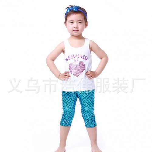 欧美夏季新款美人鱼童套装 纯棉背心加鱼鳞短裤女童两件套图2