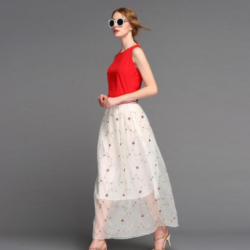 欧洲站2015夏季新款时尚高端女净色背心网纱绣花半身裙两件套