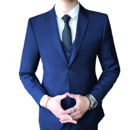 2019新款男士休闲西服套装纯色气质三件套新郎结婚礼服西服男图1