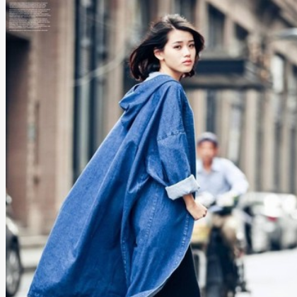 2020春秋新款欧美BF风休闲宽松过膝大衣连帽牛仔风衣外套女图2
