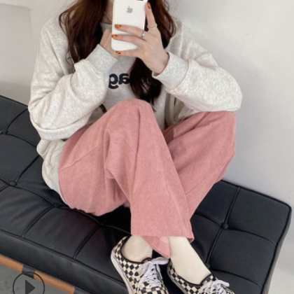 一件代发灯芯绒阔腿裤女秋冬款高腰直筒宽松大码纯色学生休闲长裤图2