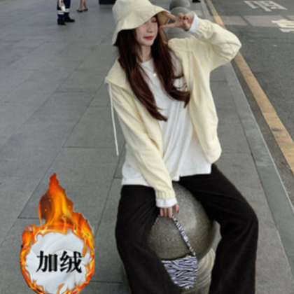 加绒加厚直筒白色灯芯绒裤女秋冬韩版新款口袋休闲宽松阔腿裤批发图3