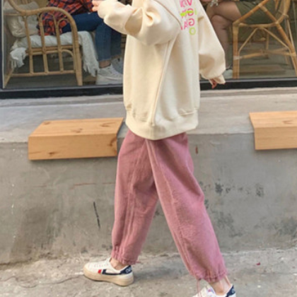 薄款灯芯绒哈伦裤女春秋新款纯色高腰宽松休闲束脚运动裤学生批发图2