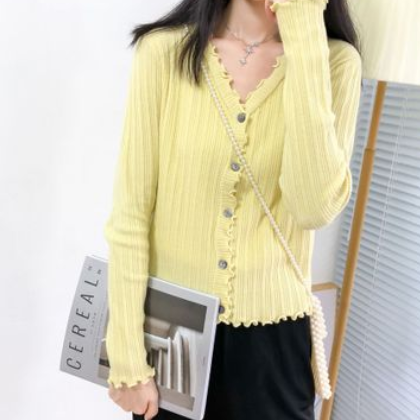 开衫秋冬季外搭内穿长袖木耳边V领毛衣打底衫女短款高腰上衣外套图2