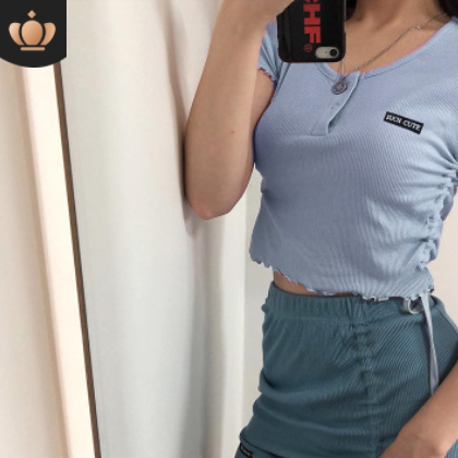 欧美跨境爆款2019亚马逊Ebay时尚女装印花小字木耳边抽绳显瘦T恤图2