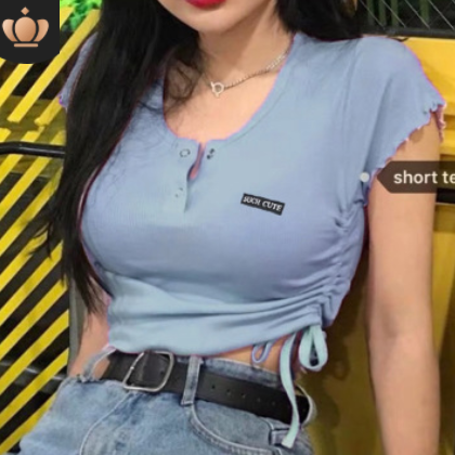 欧美跨境爆款2019亚马逊Ebay时尚女装印花小字木耳边抽绳显瘦T恤图3