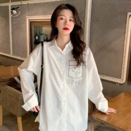 早春2021新款韩版学生休闲时尚街头白色衬衫女中长款上衣一件代发图1